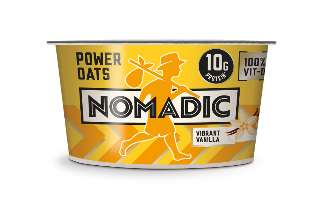 Nomadic Power Oats with yogurt, oats, and protein in Raspberry and Vanilla flavour