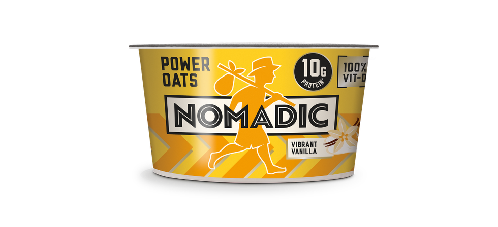 Nomadic Power Oats with yogurt, oats, and protein in Raspberry and Vanilla flavour