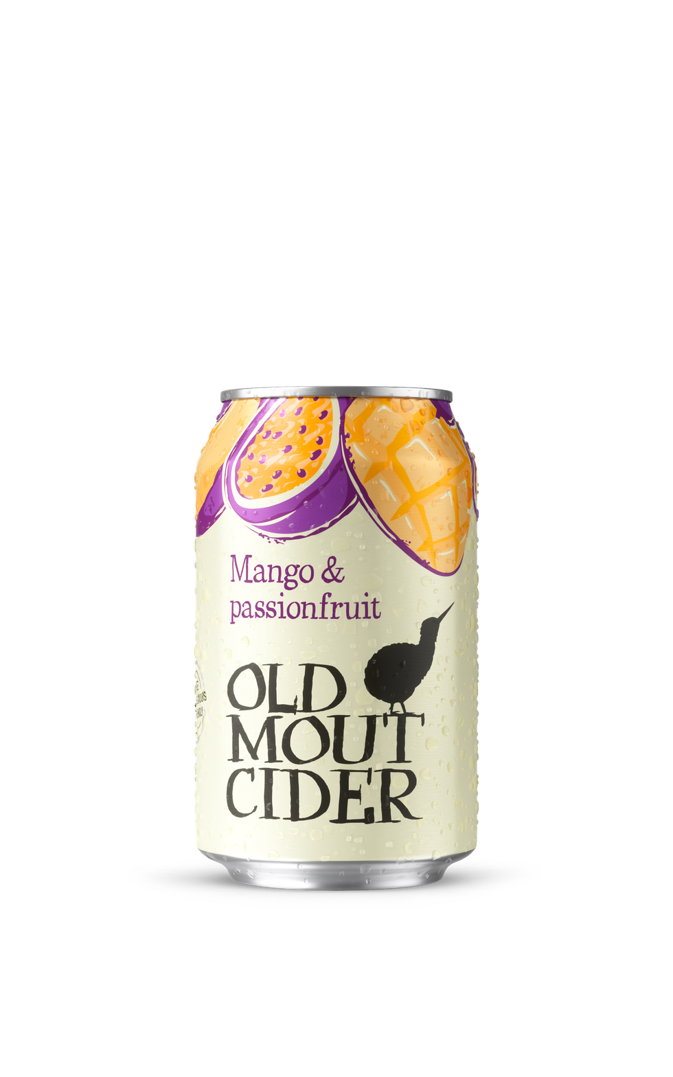 Old Mout Mango & Passionfruit cider can with tropical design, featuring mango and passionfruit imagery, displayed against a black background