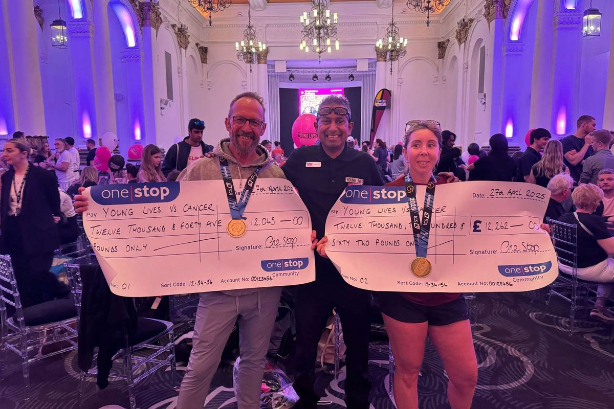 One Stop's Chris Wilby and Debbie Lovelock with Nilesh Patel of Young Lives vs Cancer