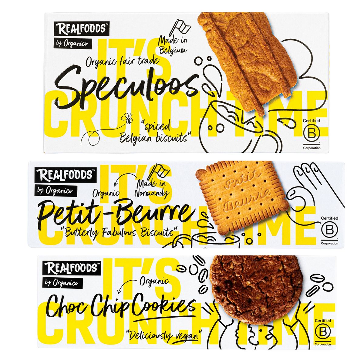 Organico vegan biscuits range including Choc Chip, Speculoos, and Petit Beurre