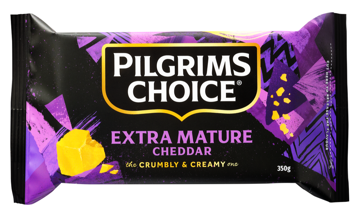 Pilgrims Choice cheddar in new vibrant packaging with bold colours and cheese illustrations