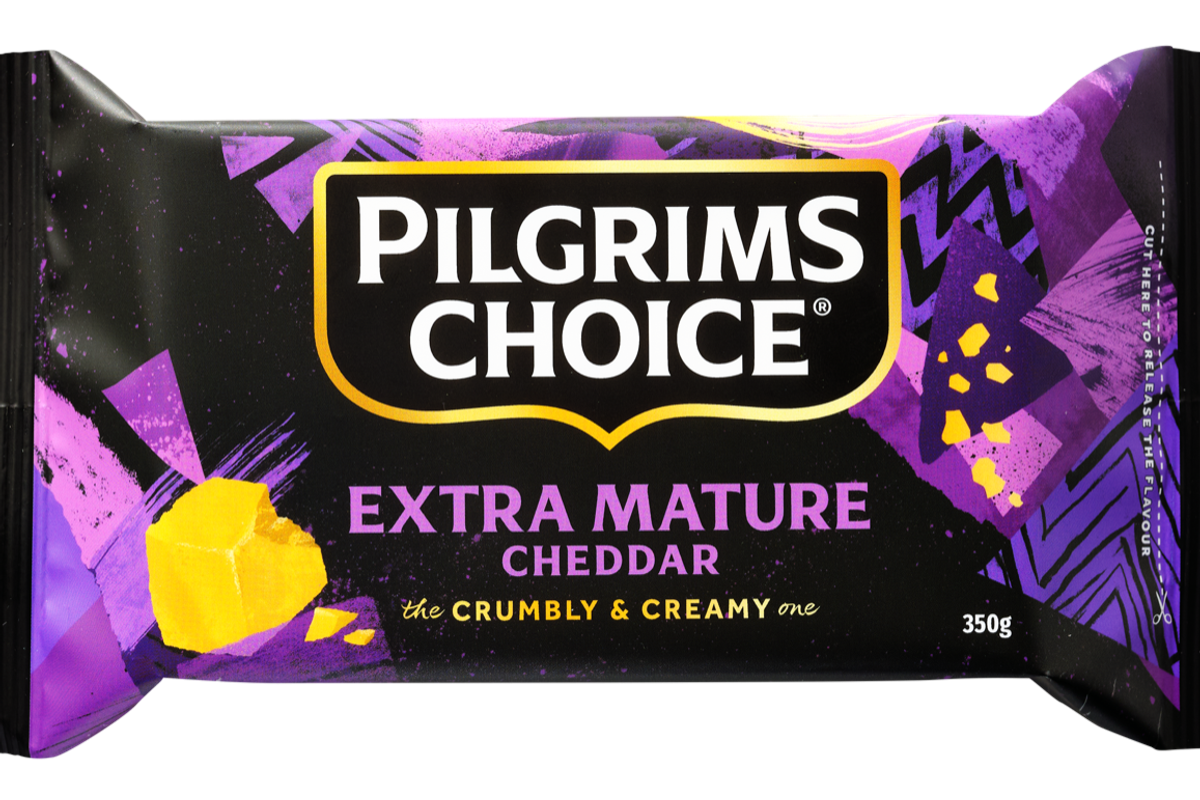 Pilgrims Choice cheddar in new vibrant packaging with bold colours and cheese illustrations