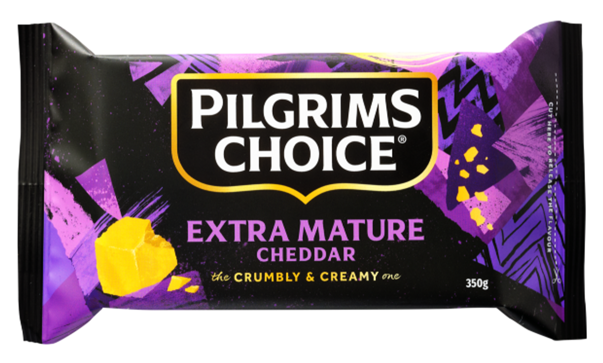 Pilgrims Choice Extra Mature Cheddar 350g pack with bold purple design and product tagline.          Ask ChatGPT