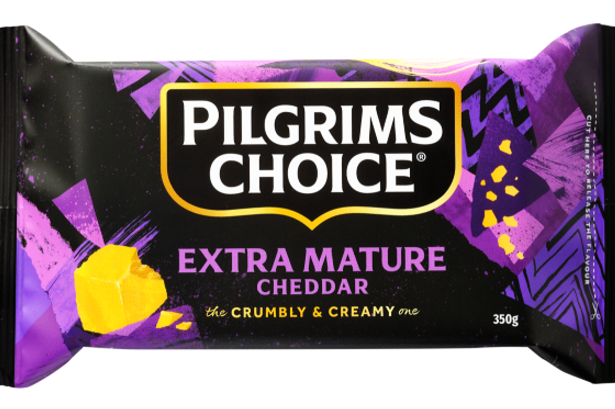 Pilgrims Choice Extra Mature Cheddar 350g pack with bold purple design and product tagline. Ask ChatGPT