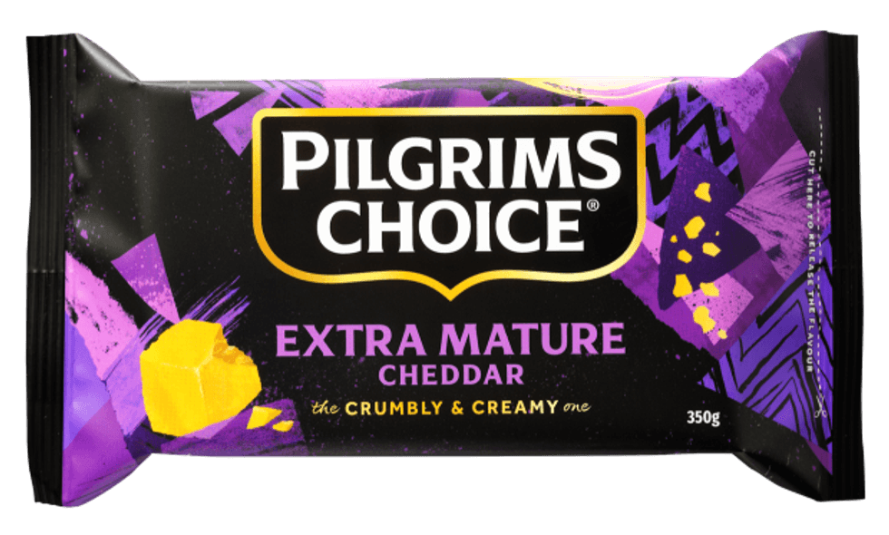 Pilgrims Choice Extra Mature Cheddar 350g pack with bold purple design and product tagline.