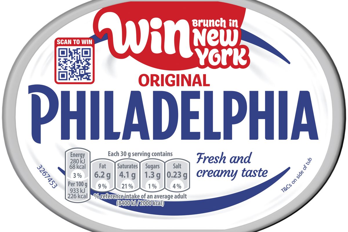 Promotional pack of Philadelphia cream cheese offering brunch trip to New York City