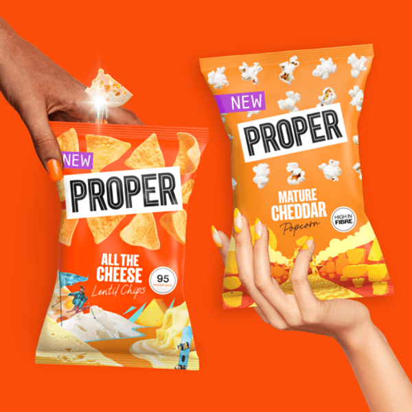 PROPER’s new cheese snack range featuring All the Cheese Lentil Chips & Mature Cheddar Popcorn.