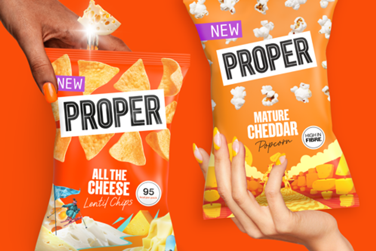 PROPER’s new cheese snack range featuring All the Cheese Lentil Chips & Mature Cheddar Popcorn.