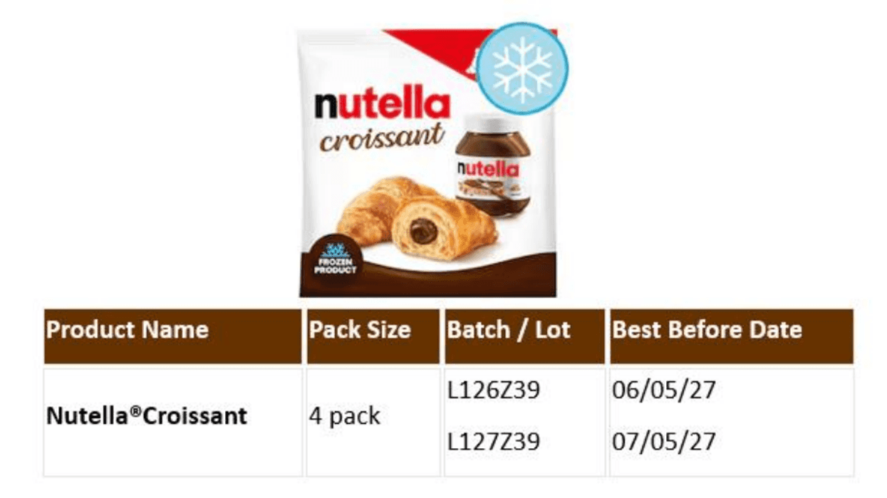 recall notice for Ferrero Nutella Croissants