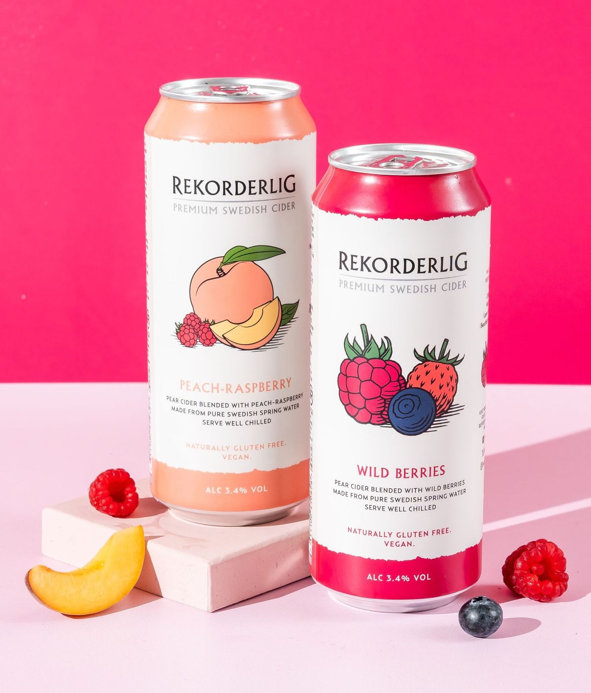 Rekorderlig premium fruit cider in 500ml cans: Wild Berries and Peach-Raspberry flavours.
