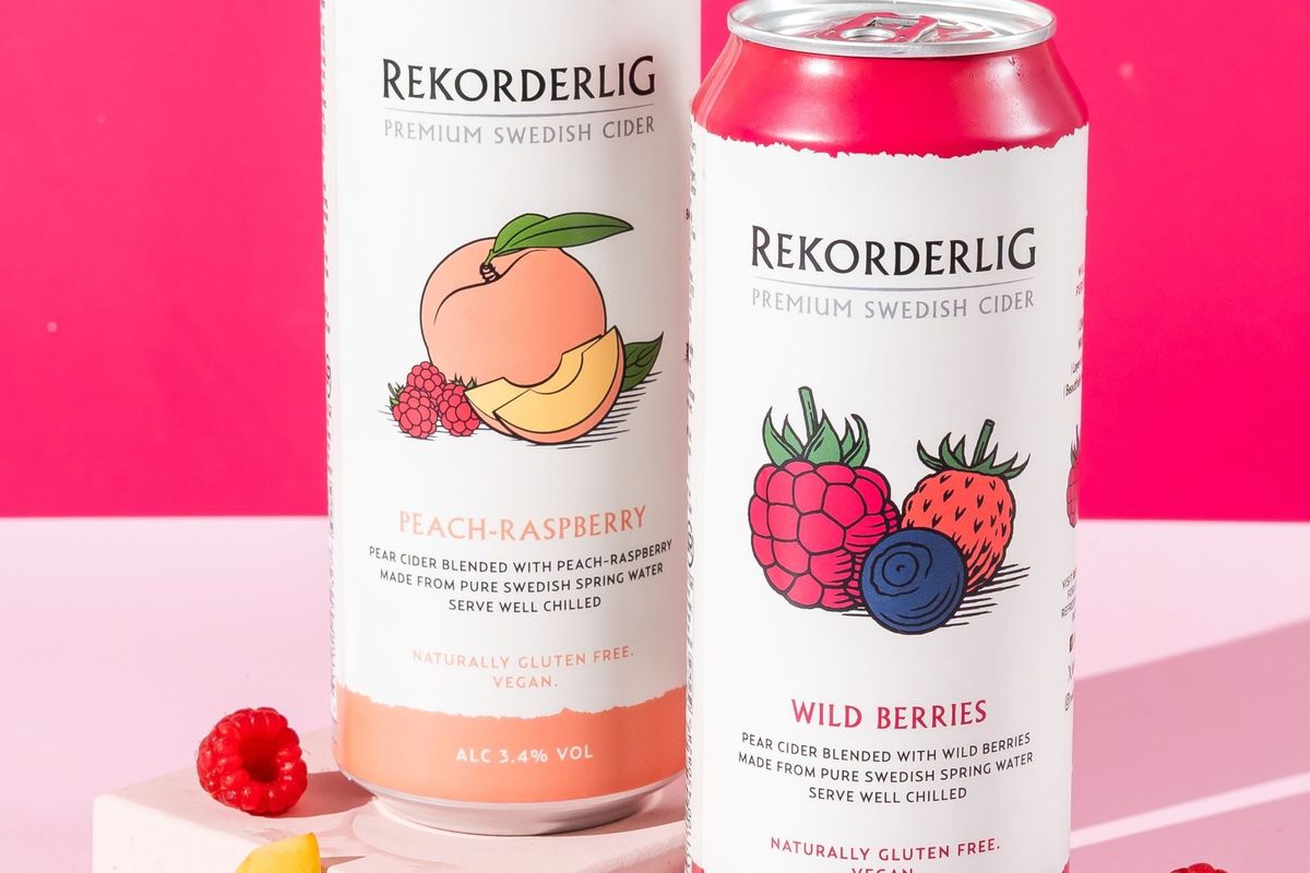 Rekorderlig premium fruit cider in 500ml cans: Wild Berries and Peach-Raspberry flavours.