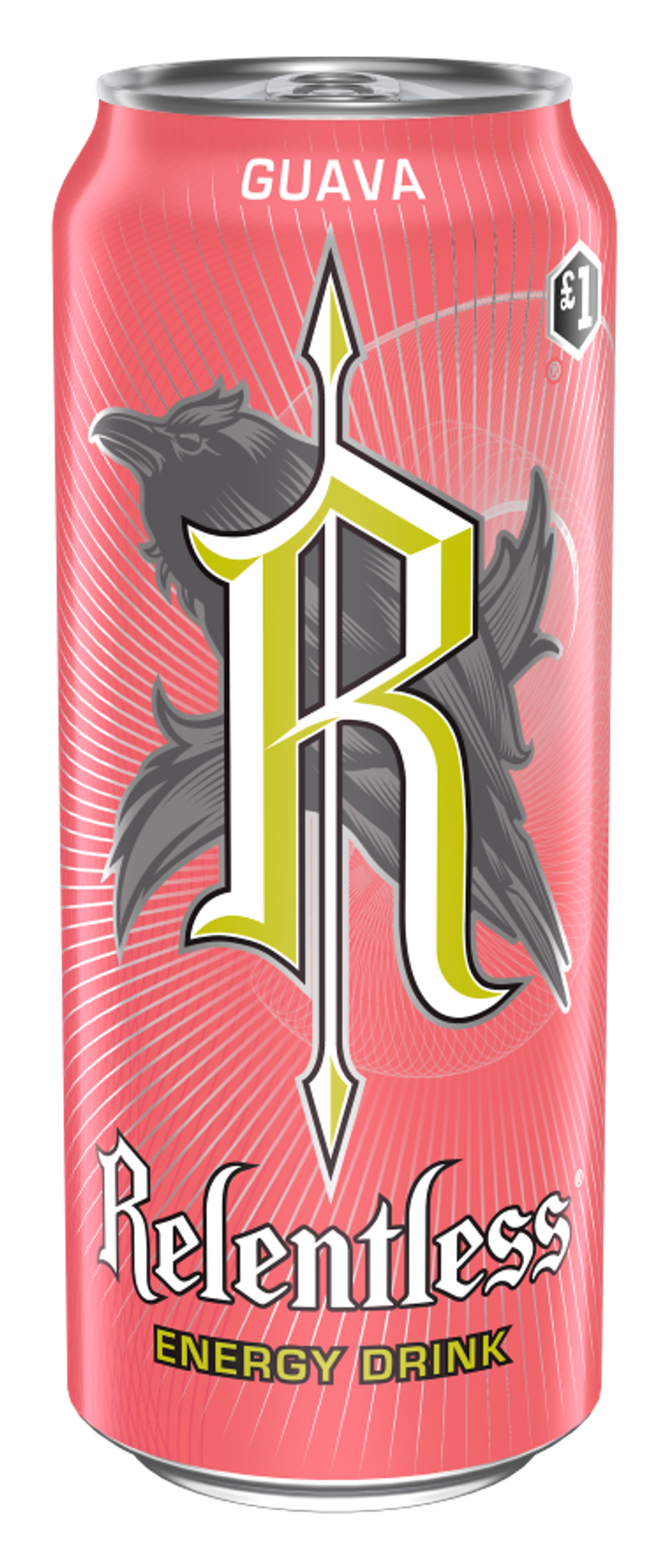 Relentless Guava 500ml can with bold pink design and "R" motif