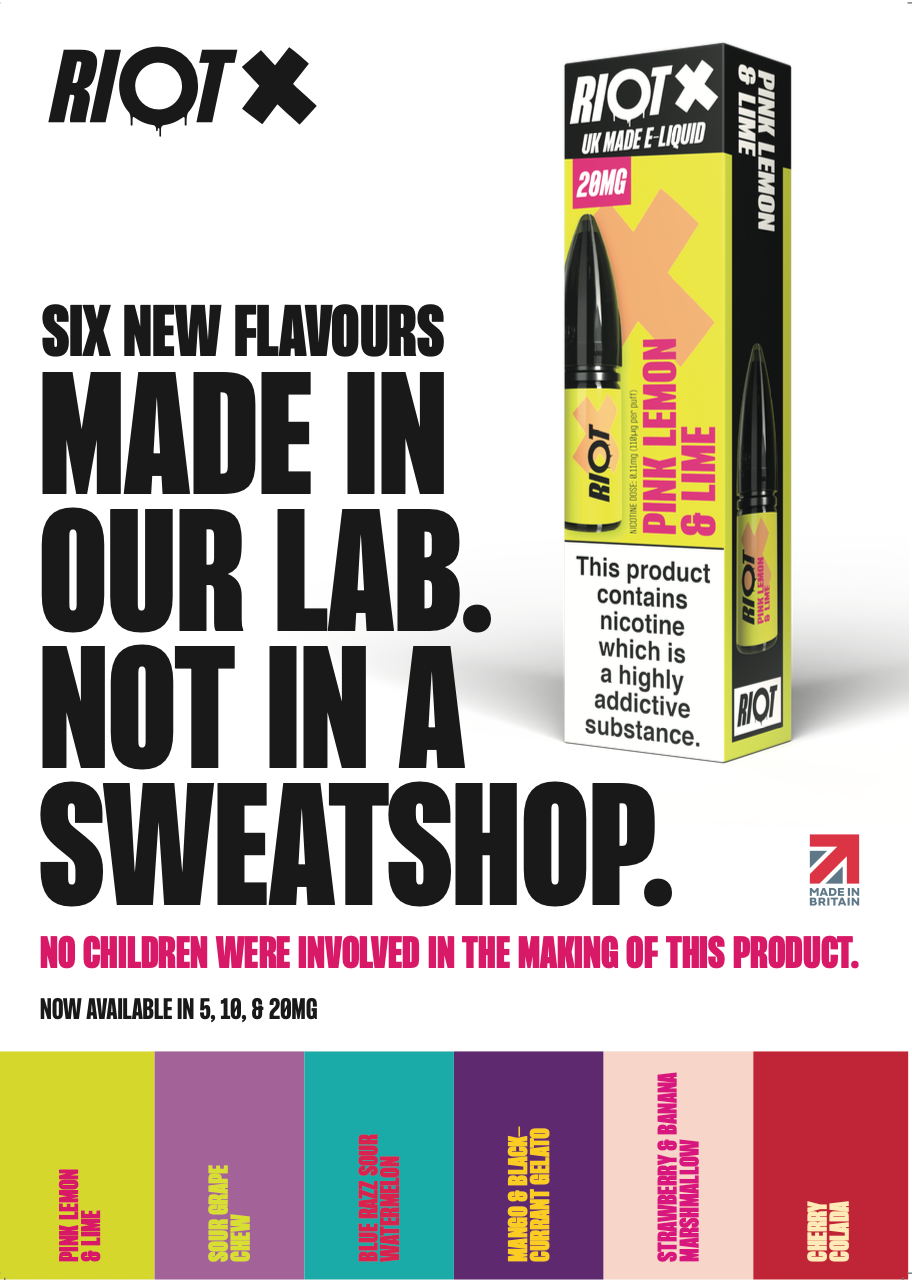 Riot Labs' Riot X e-liquid bottles featuring bold new flavours developed in Milton Keynes lab