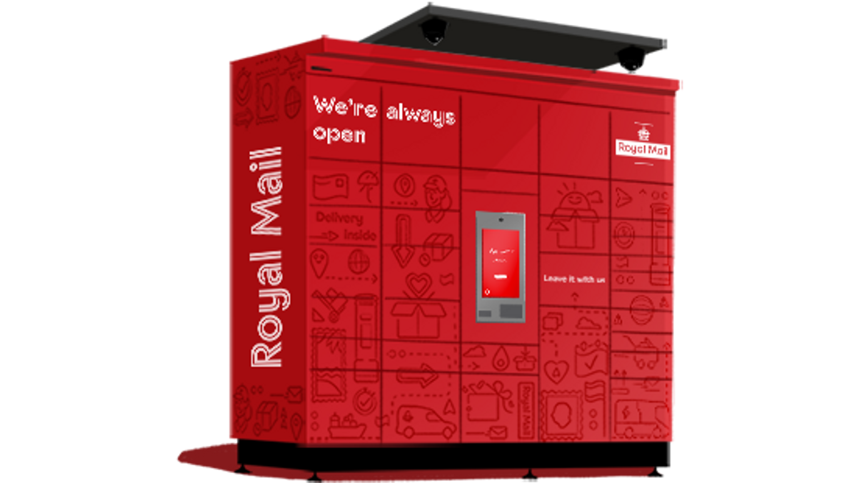 Royal Mail parcel locker with touchscreen interface and branded red exterior featuring icons and the slogan "We're always open."