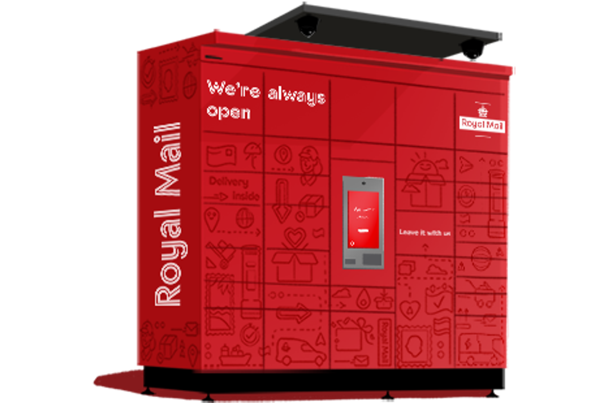 Royal Mail parcel locker with touchscreen interface and branded red exterior featuring icons and the slogan "We're always open."