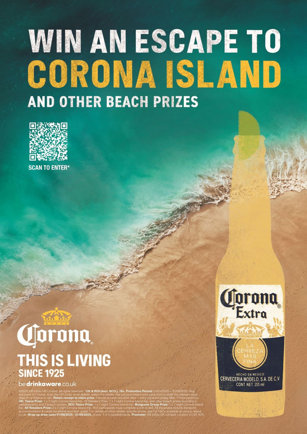 Scan to win a trip to Corona Island in Corona’s 100-year celebration beach promo