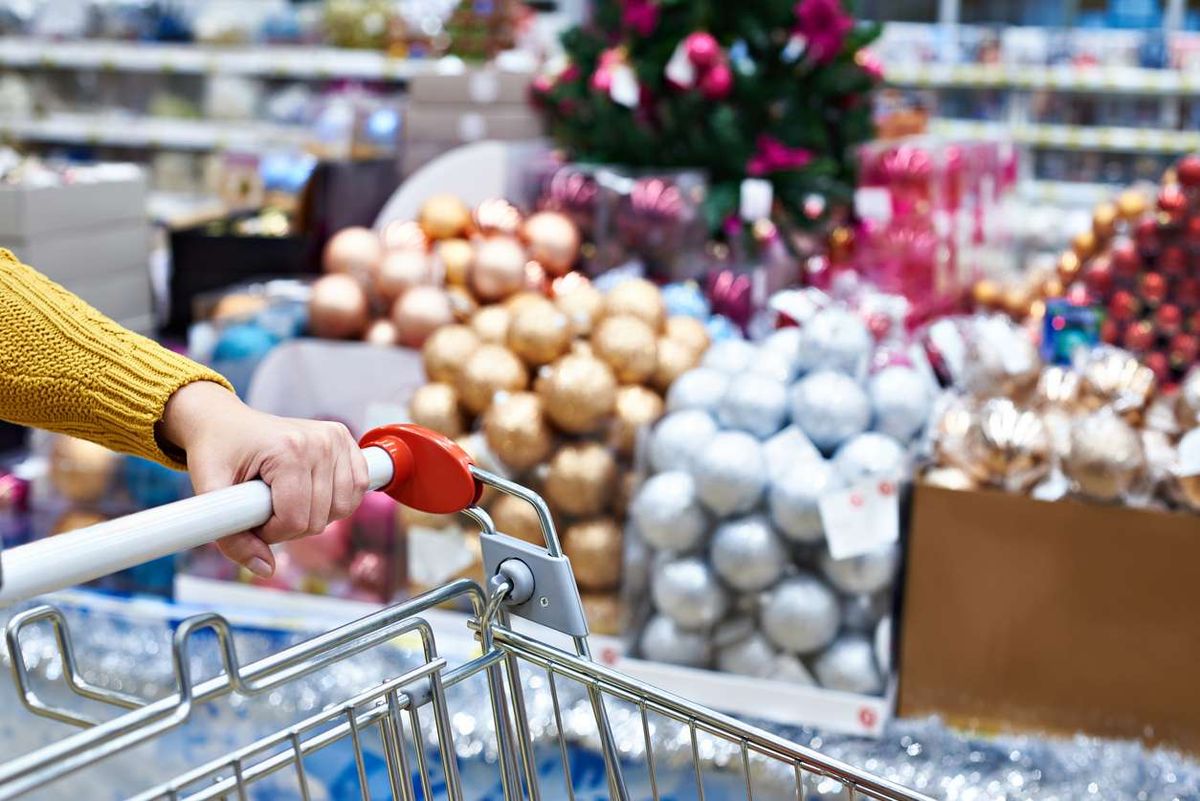Shopper with shopping cart on Christmas sale in shop