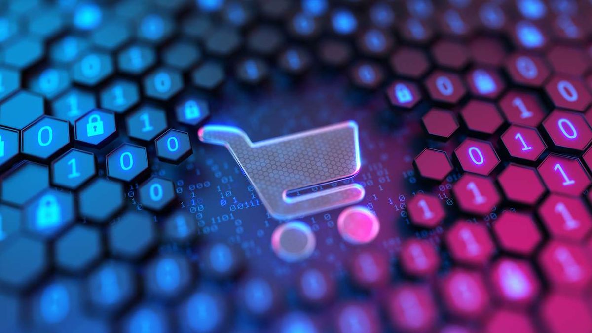 Shopping cart sign and binary code background