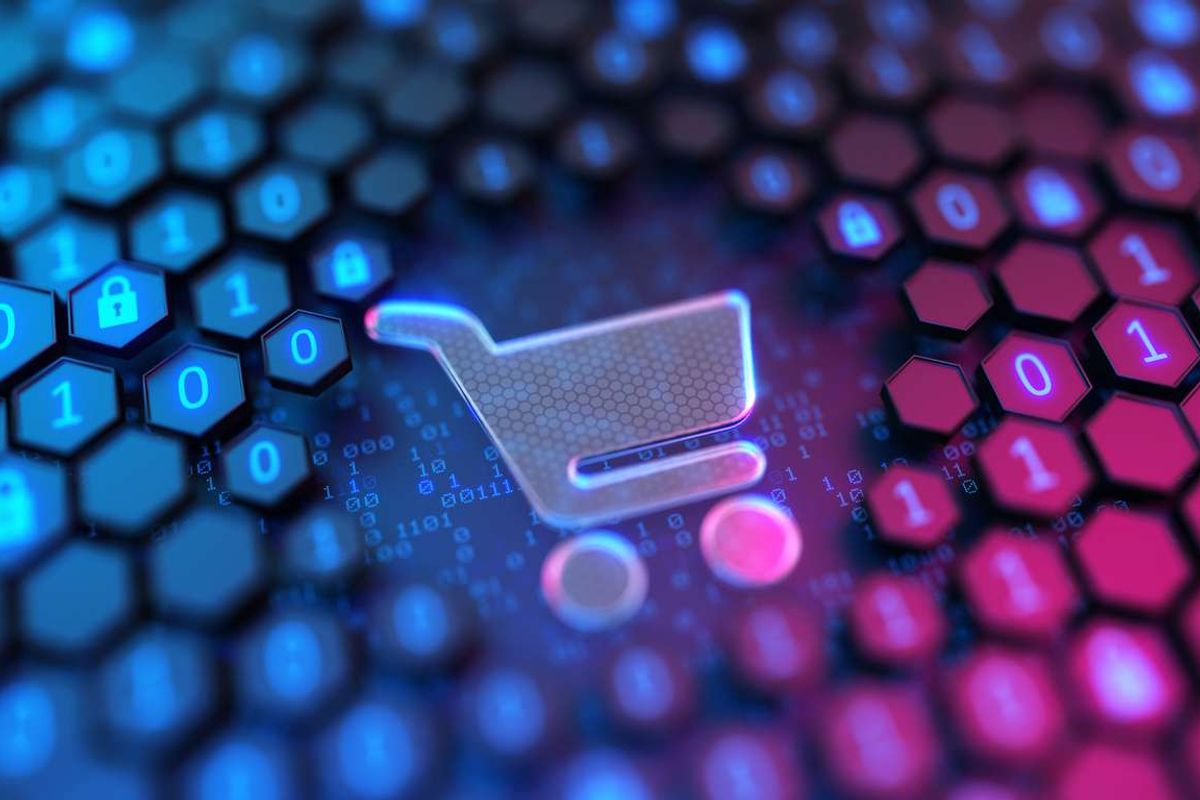 Shopping cart sign and binary code background