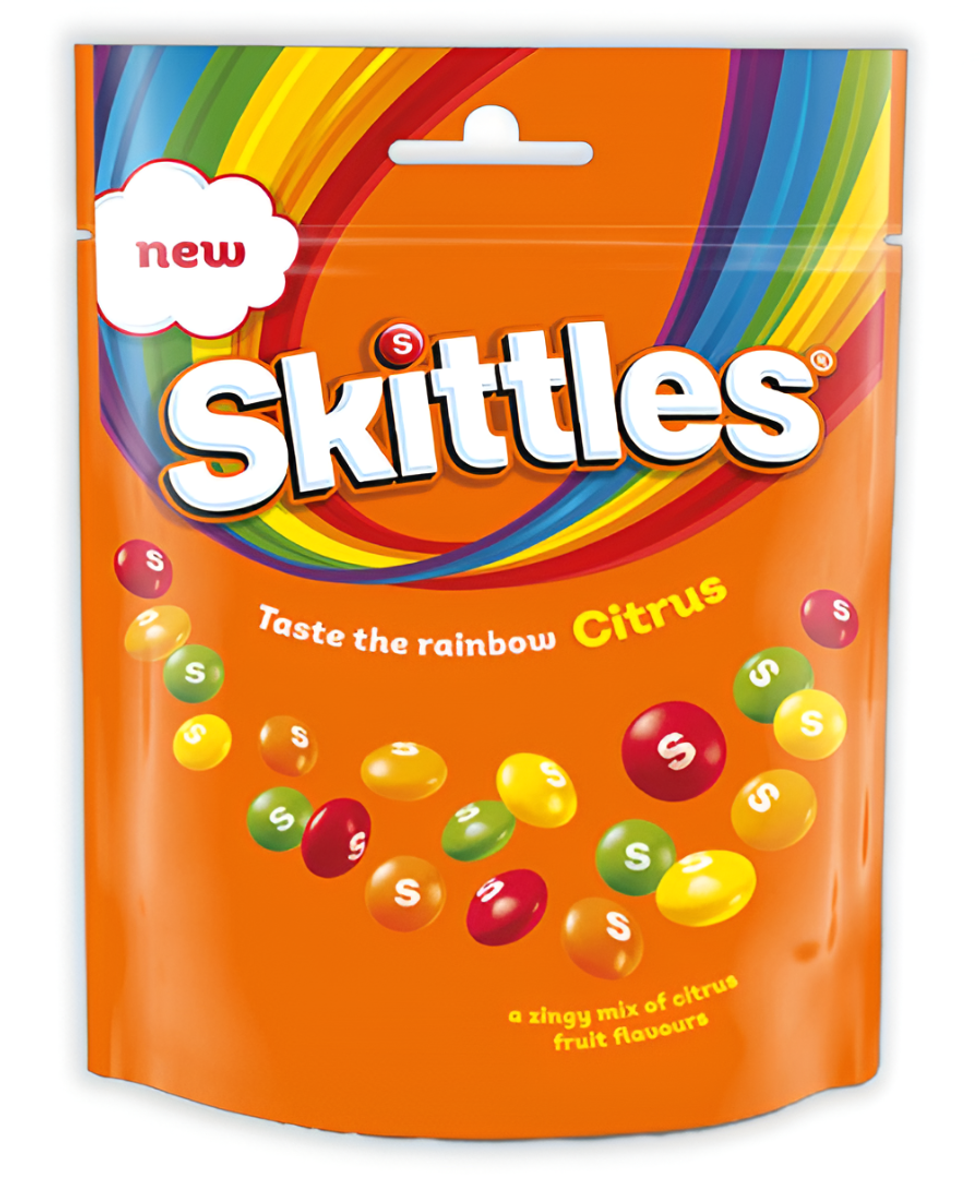 Skittles Citrus candy bag featuring Orange, Lemon, and Lime flavors