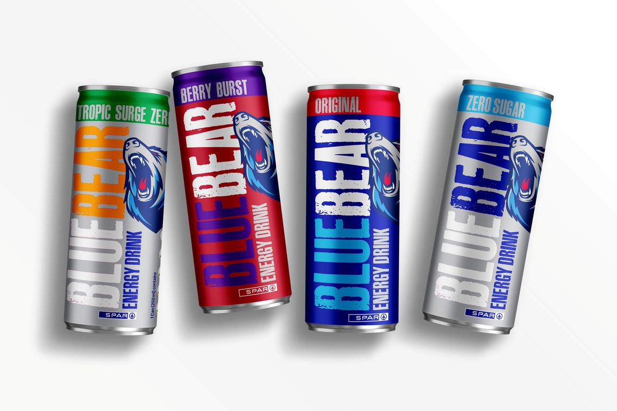 SPAR's Blue Bear energy drink cans in new vibrant packaging with Berry Burst and Tropic Surge flavours