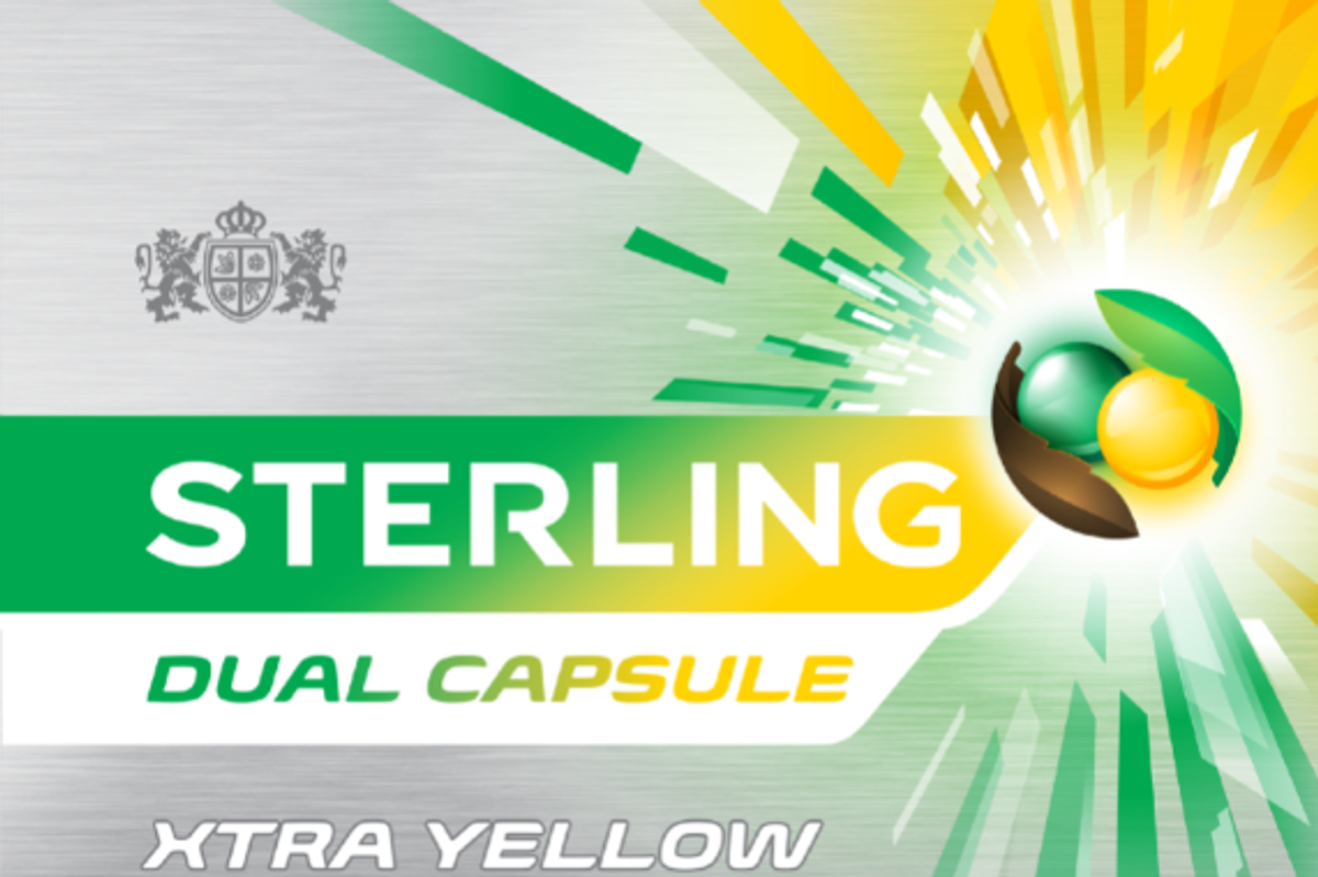 Sterling Dual Capsule Xtra Yellow pack with lemon and peppermint flavour capsules