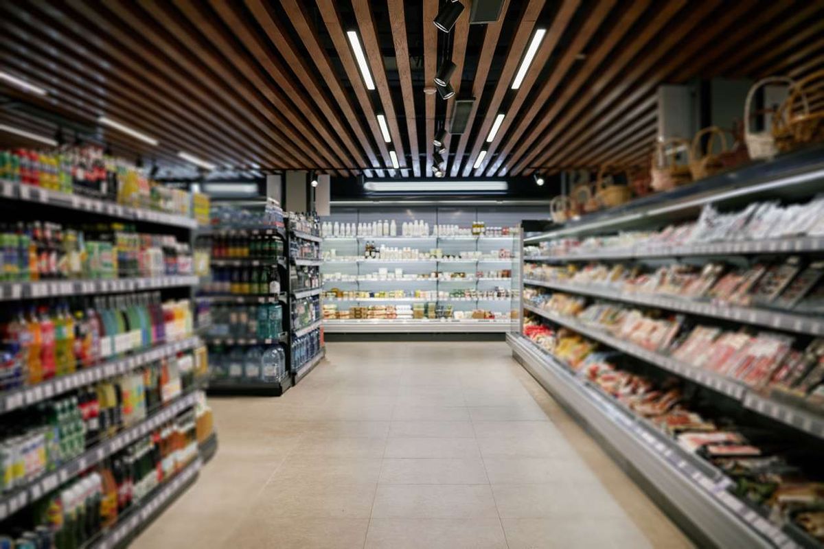 Supermarket aisle with various products displayed on shelves