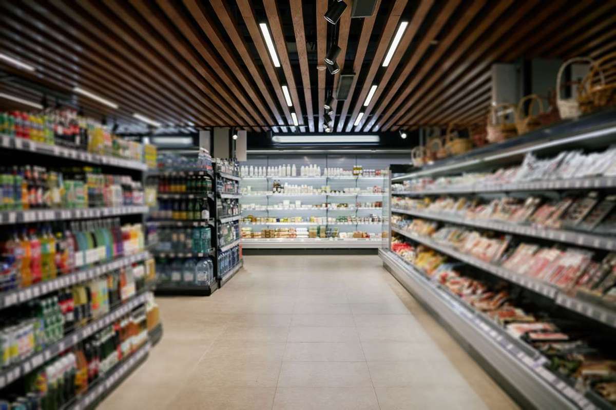 Supermarket aisle with various products displayed on shelves