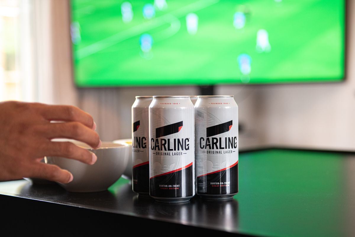 Supermarket beer aisle stocked with Carling ahead of FA Cup final weekend in the UK