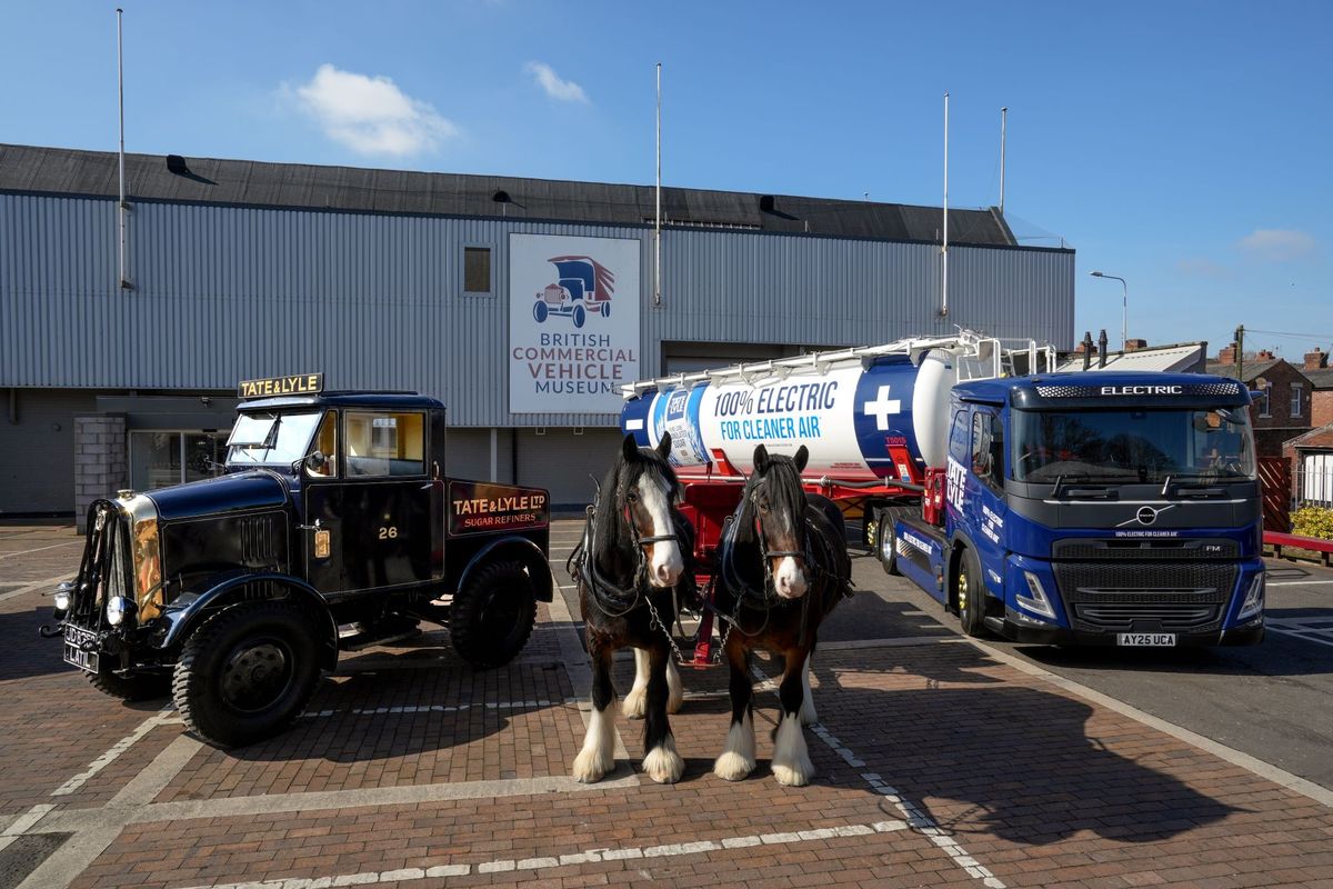 Tate and Lyle's new electric Volvo lorry displayed with historic transport at UK museum