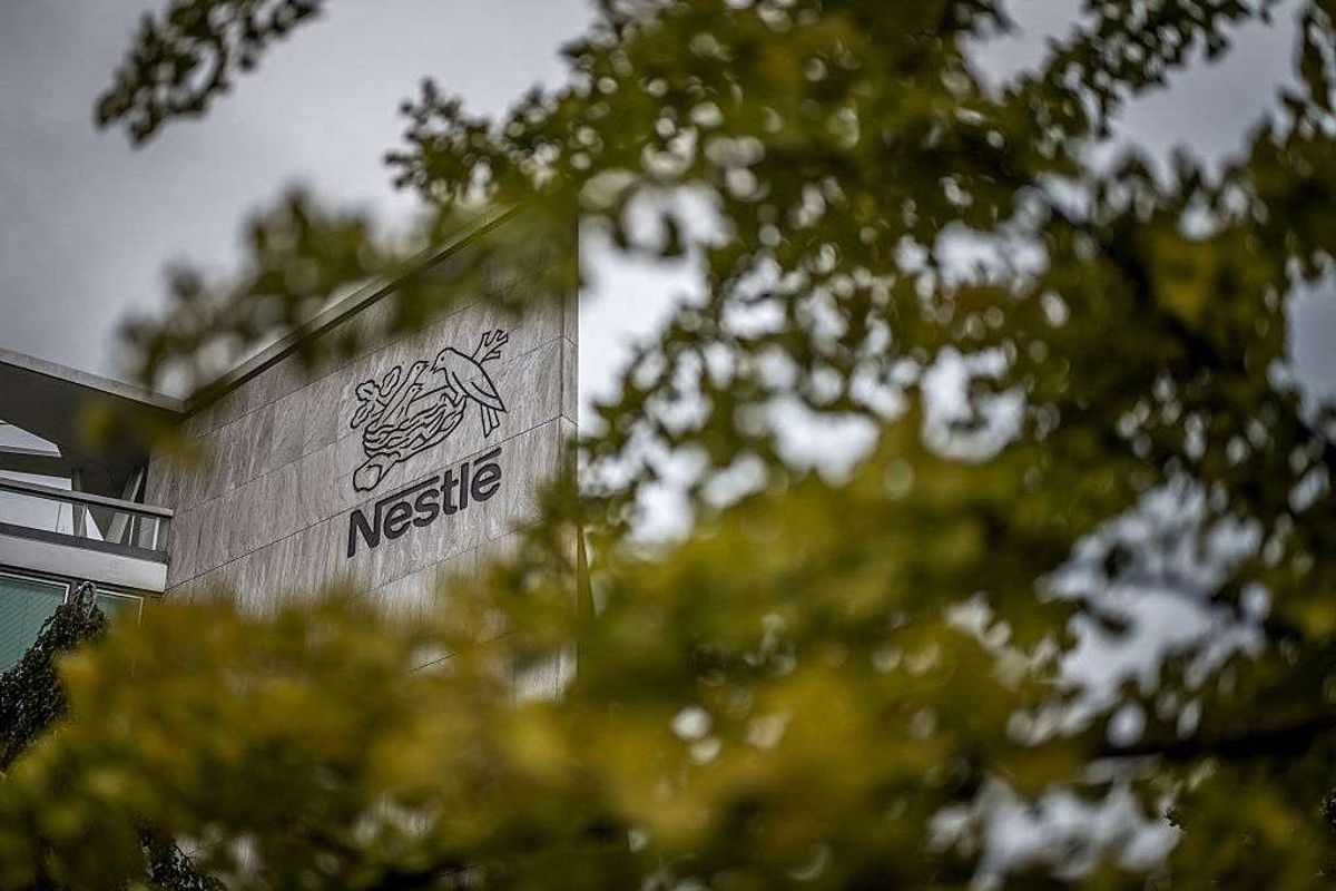 ​The logo of Nestle on the facade of its headquarters