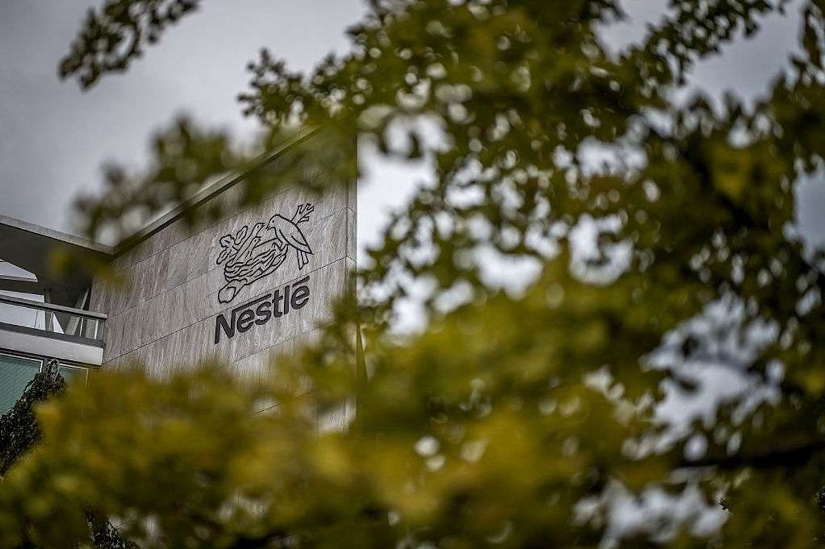 The logo of Nestle on the facade of its headquarters