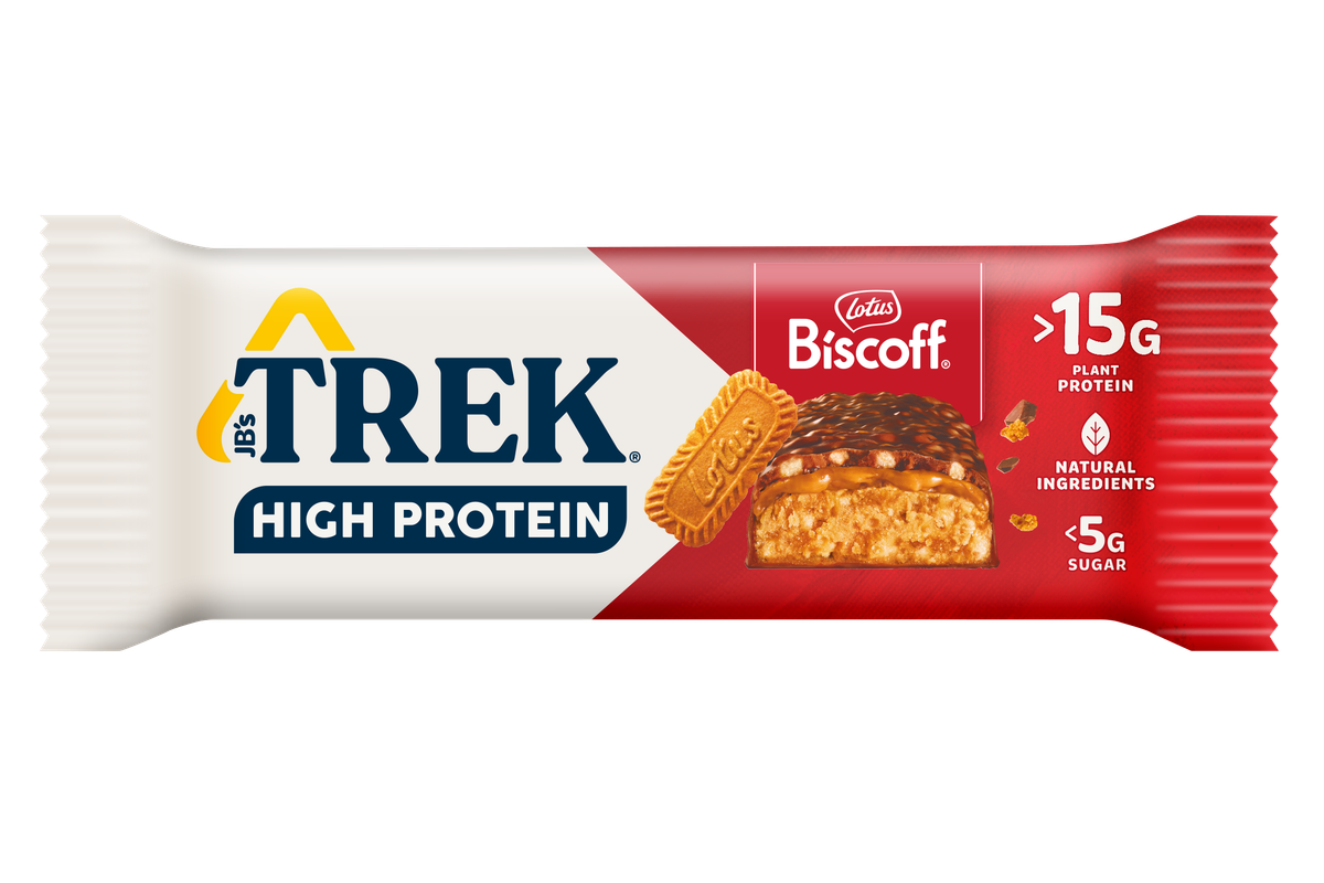TREK High Protein Low Sugar bars in Choc Caramel, Choc Peanut Butter, and Biscoff flavors, launching May 2025 with 12g-15g plant-based protein