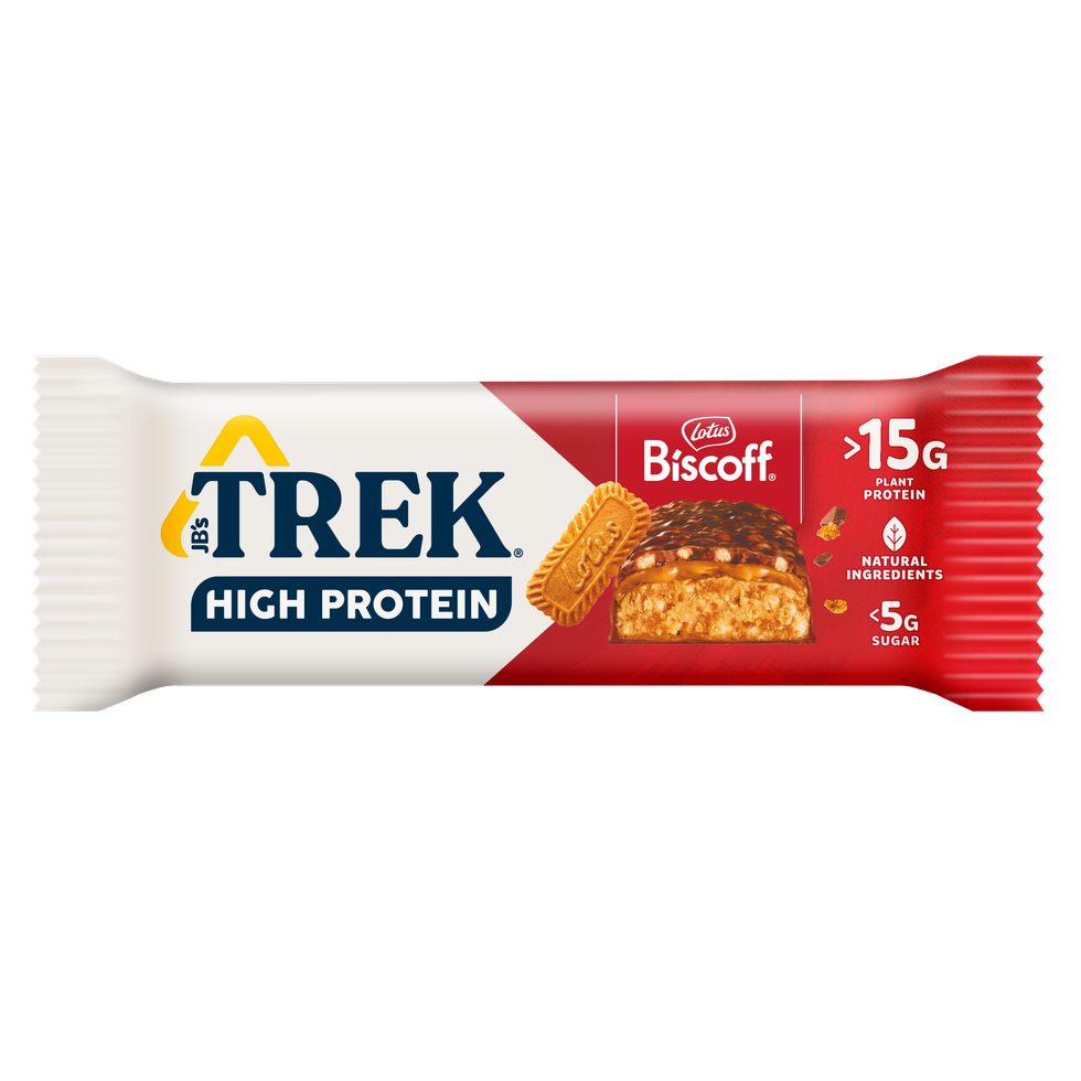 TREK High Protein Low Sugar bars in Choc Caramel, Choc Peanut Butter, and Biscoff flavors, launching May 2025 with 12g-15g plant-based protein