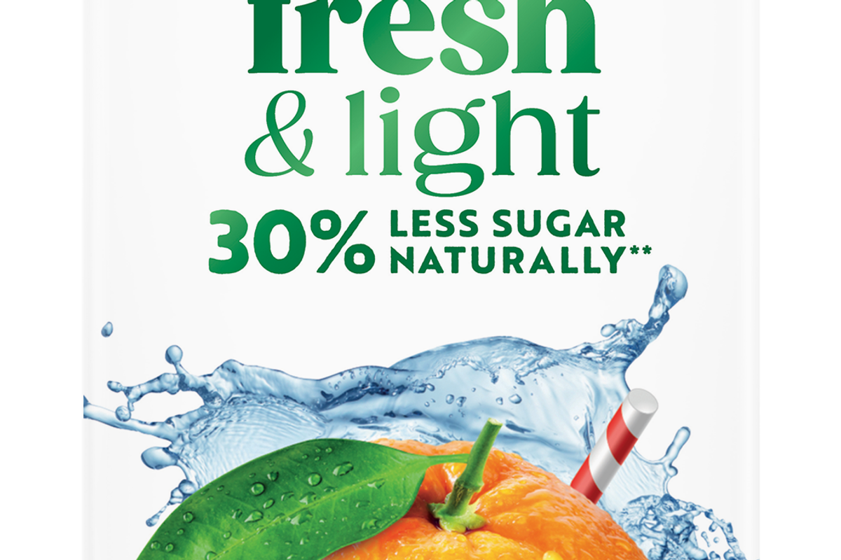 Tropicana Fresh & Light Morning Orange 850ml bottle, highlighting the 2025 launch of the low-sugar juice range.