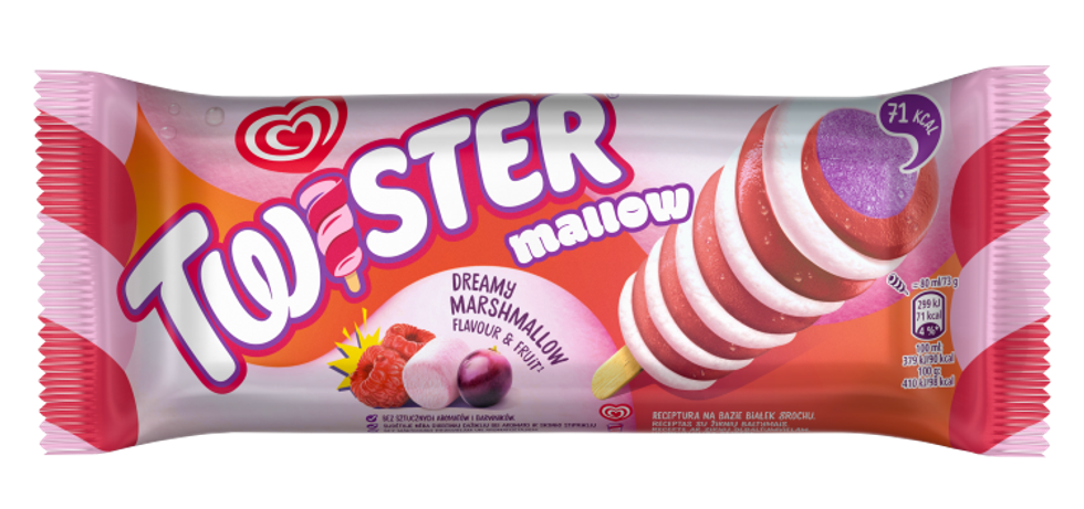 Twister Mallow Ice Cream \u2013 raspberry, grape, and marshmallow swirl in a fruity, HFSS-compliant format