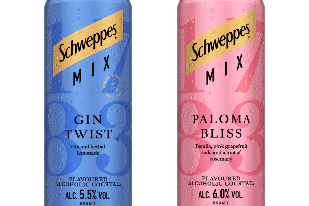 Two Schweppes Mix RTD cocktail cans: Gin Twist (citrus) and Paloma Bliss (grapefruit & tequila)