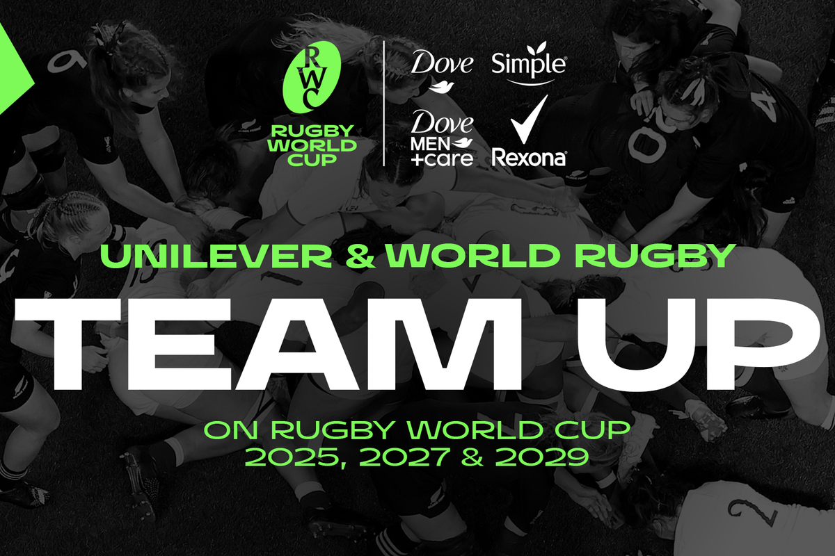 Unilever and World Rugby partnership, featuring the Rugby World Cup logo, Unilever brands (Dove, Dove Men+Care, Rexona)