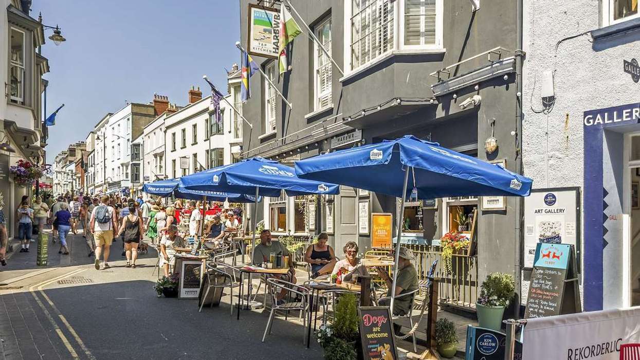 View along the main street in the centre of Tenby, South Wales