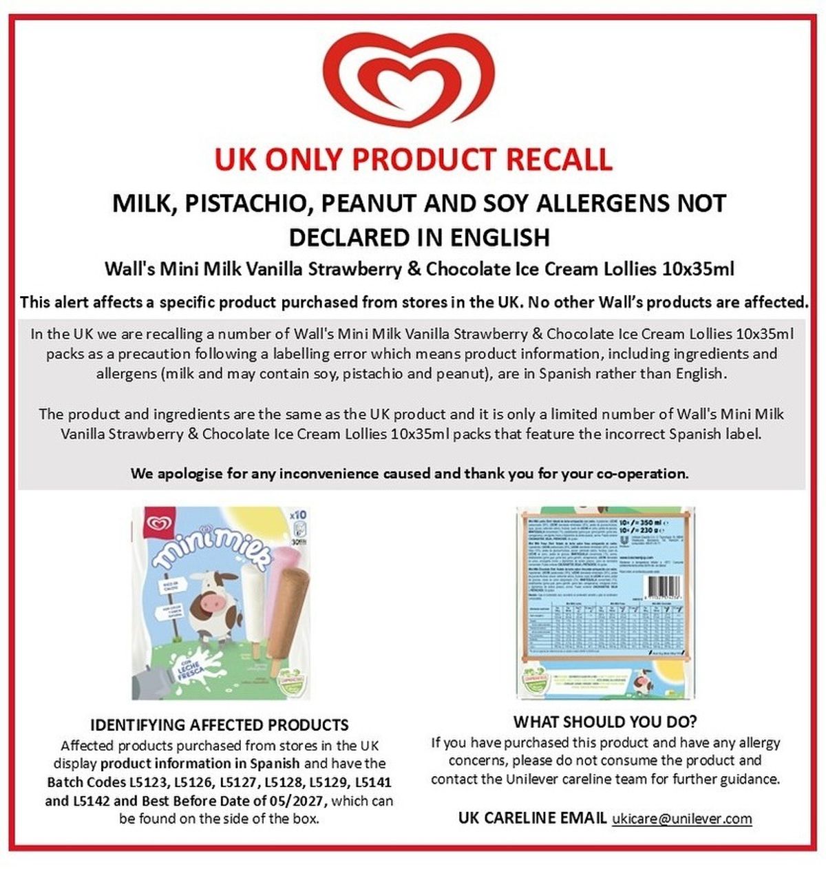 Wall’s Mini Milk 10-pack recalled due to incorrect allergen labelling