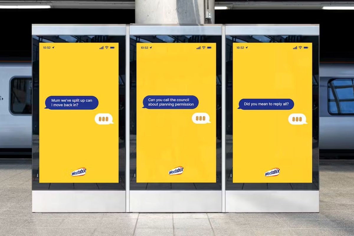 Weetabix OOH ad mimics awkward texts with ellipsis of three bix on London Underground