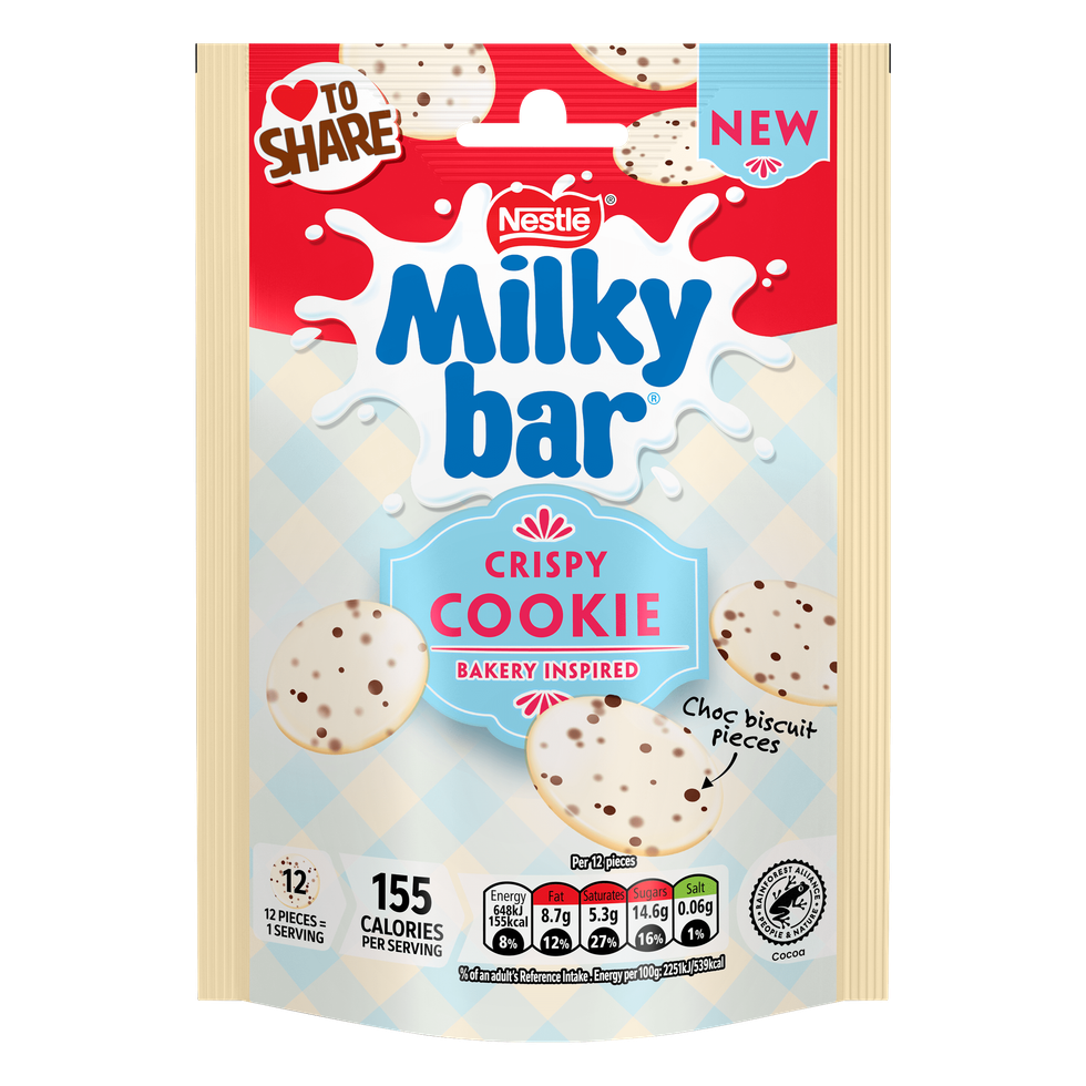 White chocolate pieces with crunchy cookie bits for added texture