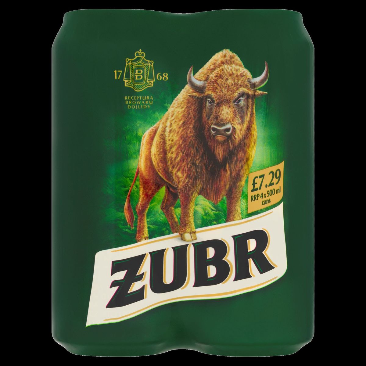 Żubr 4x500ml price-marked beer pack at £7.29 for retail stores