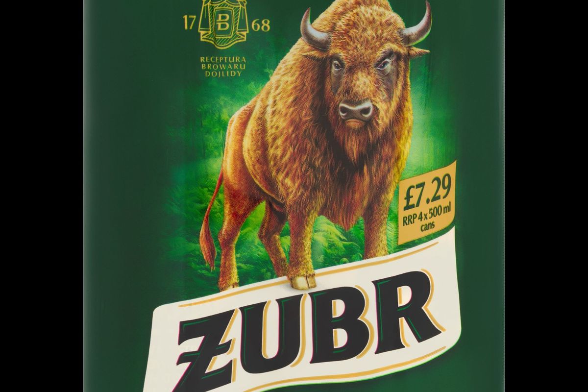 Żubr 4x500ml price-marked beer pack at £7.29 for retail stores