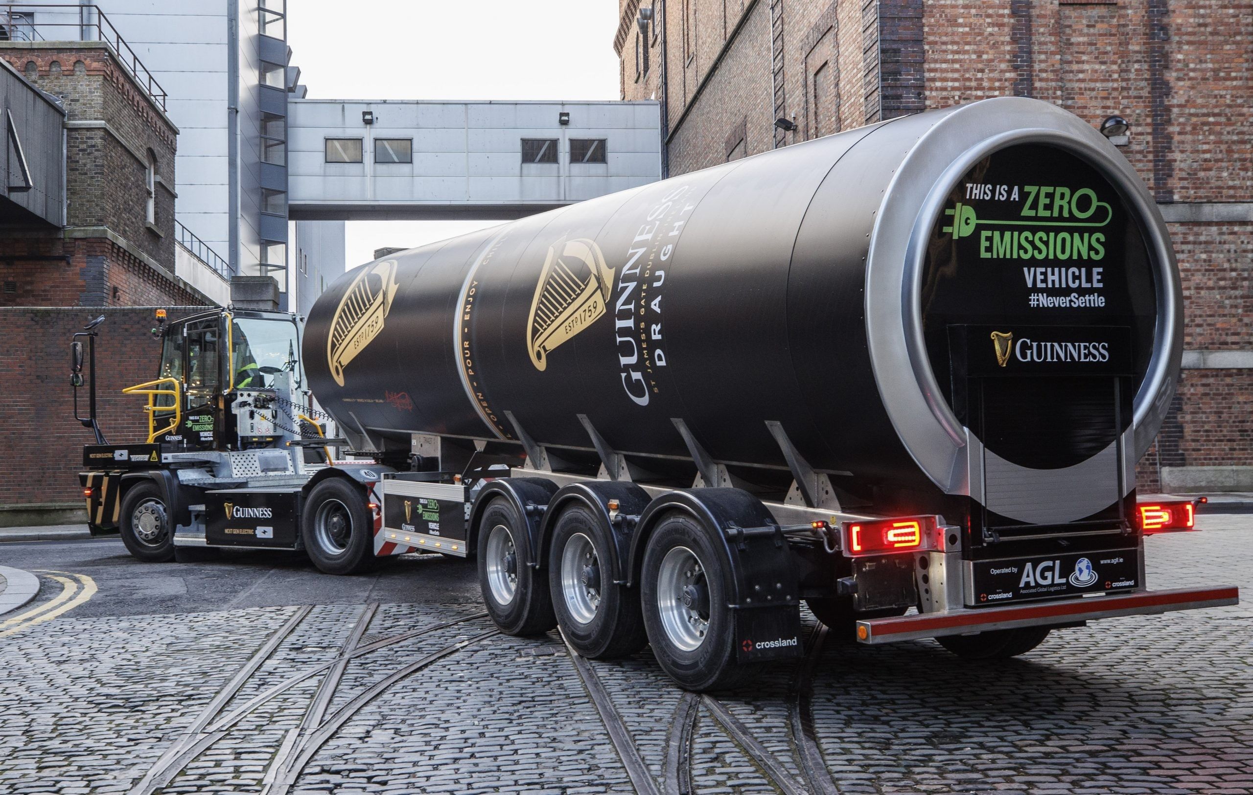 A Guinness zero emission vehicle which is being used in a trial this week to transport bulk beer in the Guinness tankers from St James Gate to Dublin Port