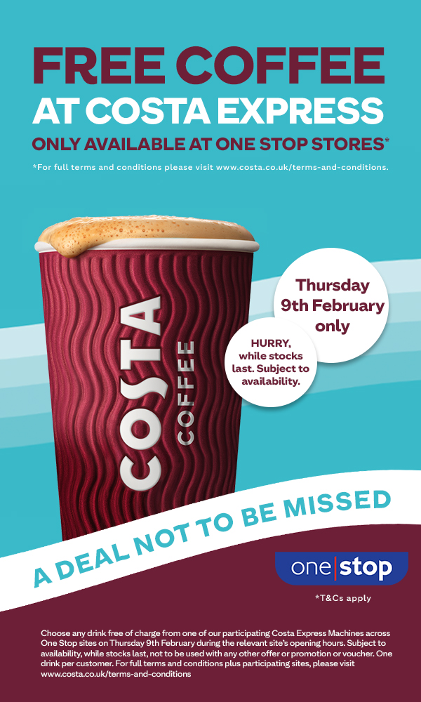 Get  a free cup of Costa at One Stop today